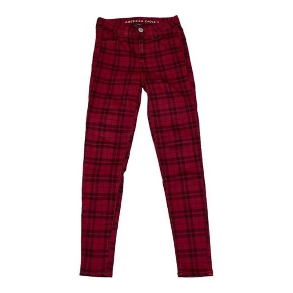 American Eagle Plaid Red/ Black Next Level Stretch Jeans Size 2 - Picture 2 of 12